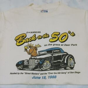 Vintage 1988 Hanes 50's Celebration Car Deer Print Short Sleeve Tee Sz M…